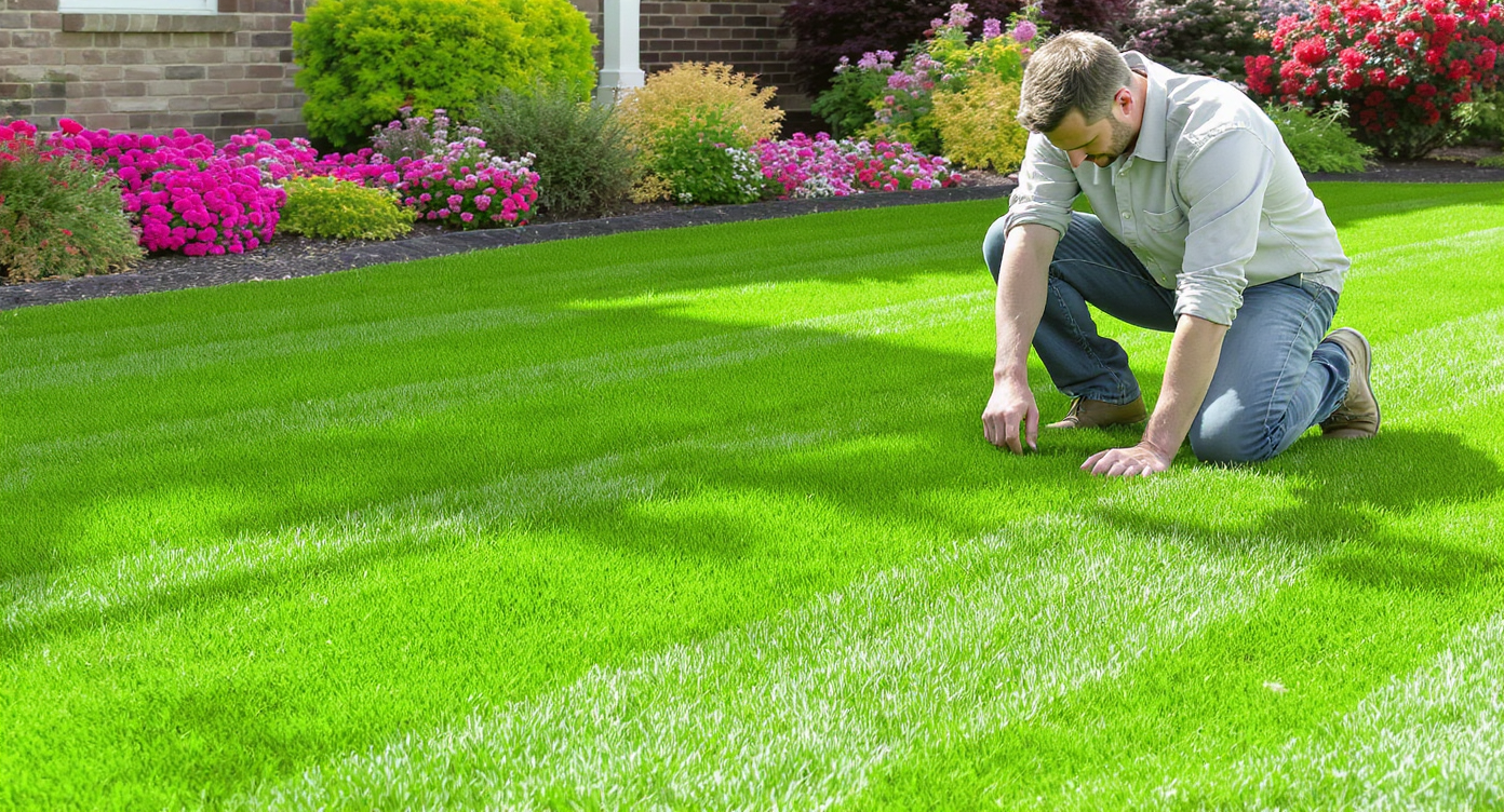 Daylight image of realistic grass with varied height and shadows next to flowerbeds, with a person inspecting the lawn.