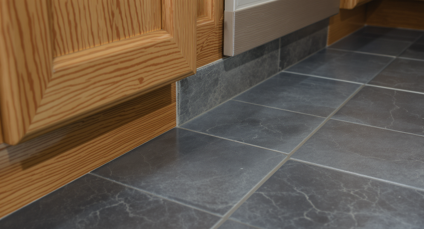 Close-up of honey oak cabinets and slate-blue tile floor showing warm and cool undertone clash in natural light.
