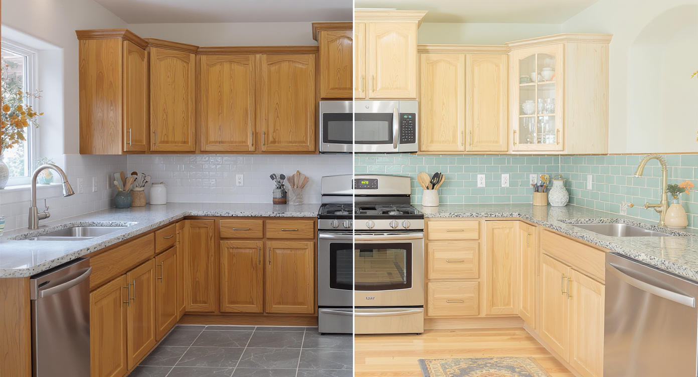 Split-screen kitchen photo showing honey oak and recolored versions with varied backsplash and countertop palettes for side-by-side comparison.
