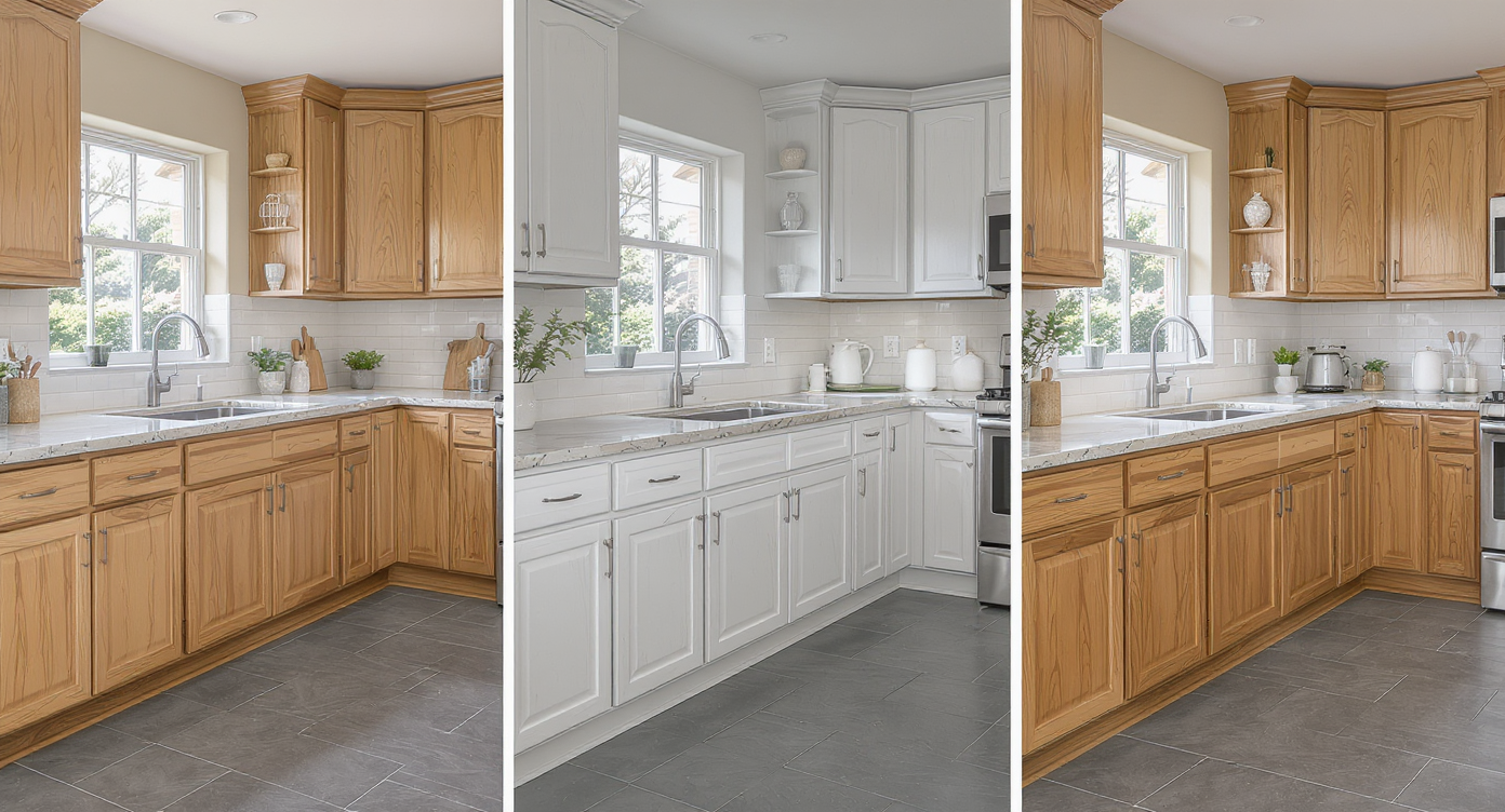 Step-by-step collage of AI surface restyling on a kitchen: original photo, palette selection, recolored surfaces, and before-after comparison.