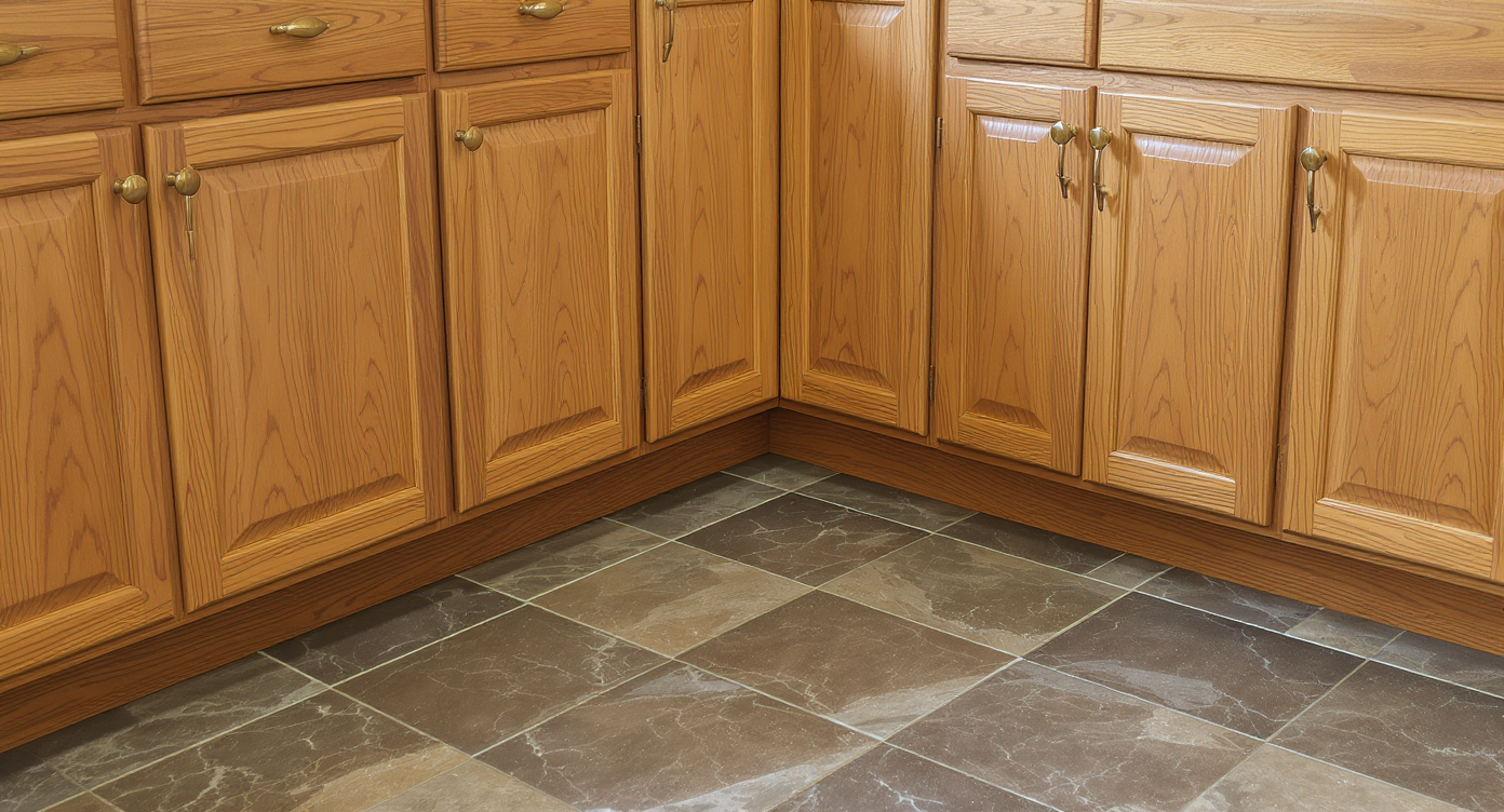 Cohesive kitchen corner featuring honey oak cabinets, slate-blue floor, sage backsplash, and champagne bronze hardware with matching undertones.