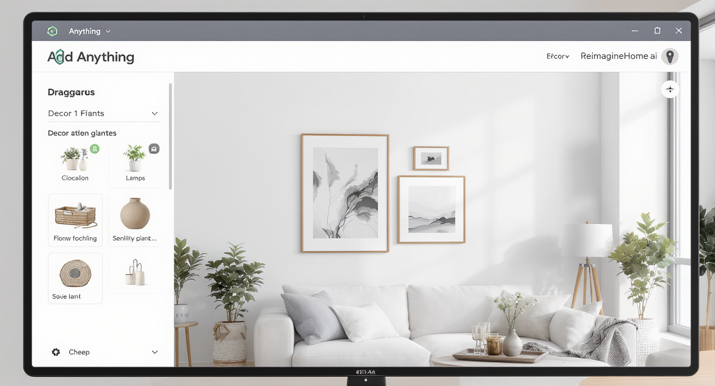 Computer screen displaying AI decor tool placing various art, plants, and lamps onto a room photo with realistic lighting.