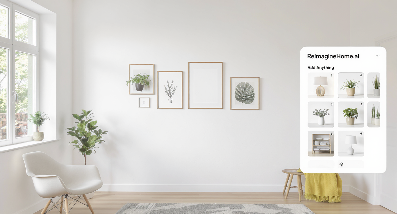 Room corner with digital overlay of art, plants, and lamps on white wall plus a screen showing an AI design tool interface.