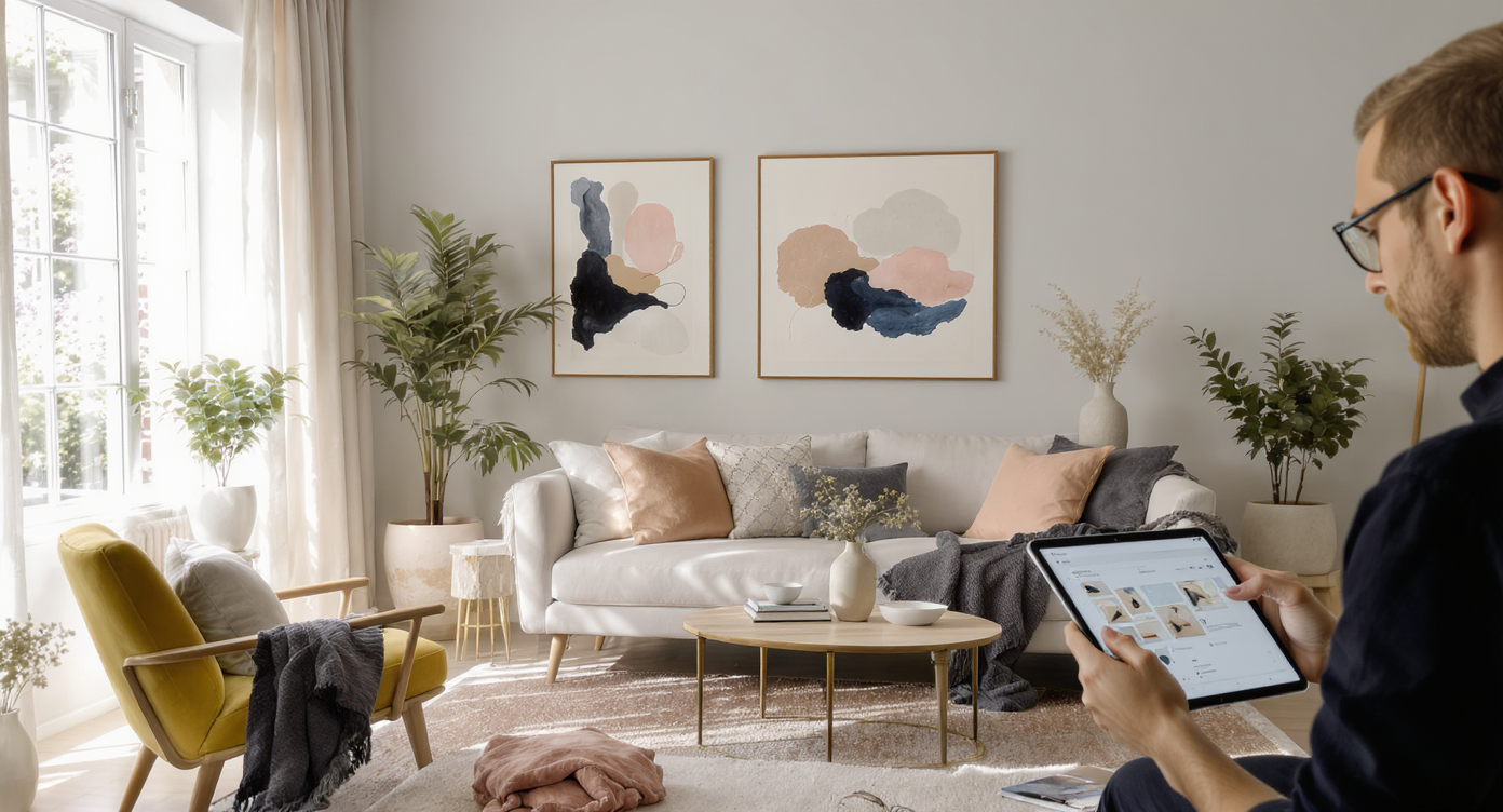 Bright living room displaying balanced decor with natural materials, lighting harmony, and a designer using a tablet for adjustments.