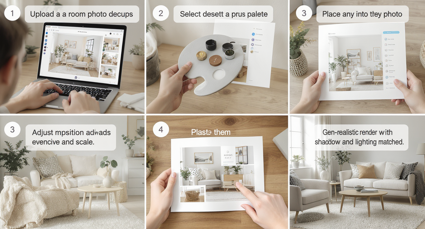 Infographic steps depicting uploading room photo, selecting items, placing decor, and previewing realistic AI design renderings.