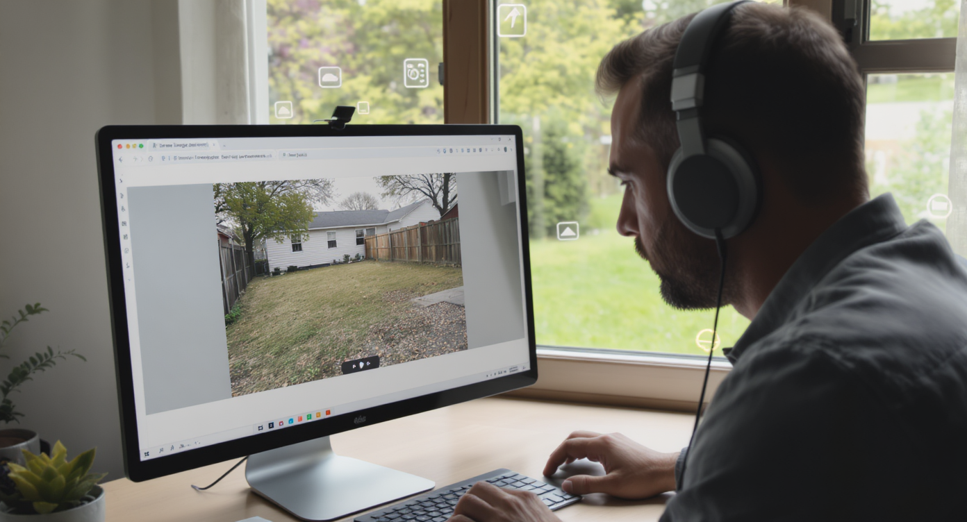 Homeowner frustrated by patchy lawn photo on screen, observing dry yard with weeds outside a window under natural light.