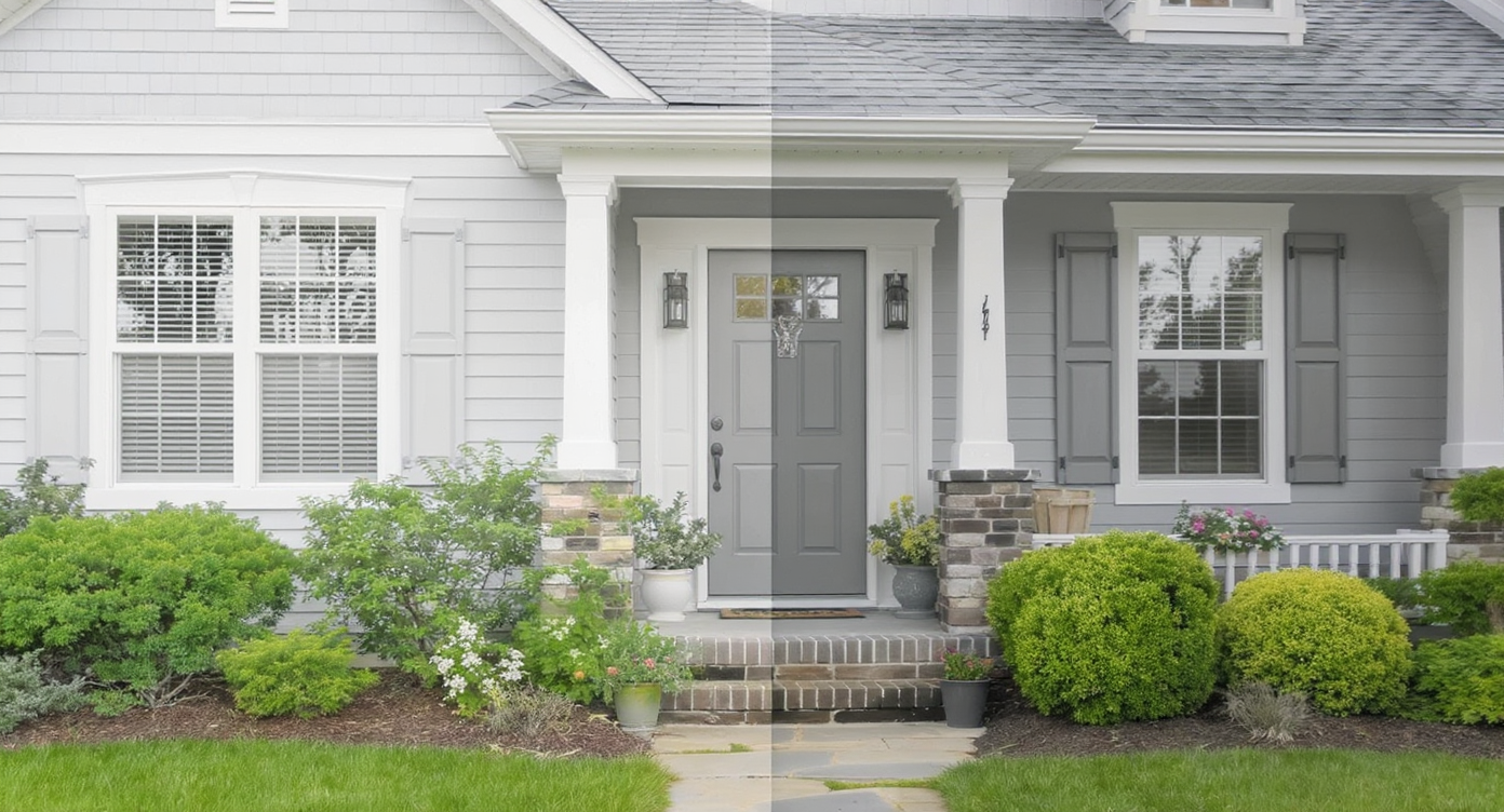 Front facade of home displaying multiple paint color swatches on walls, trims, shutters, and door with greenery and stone pathway.