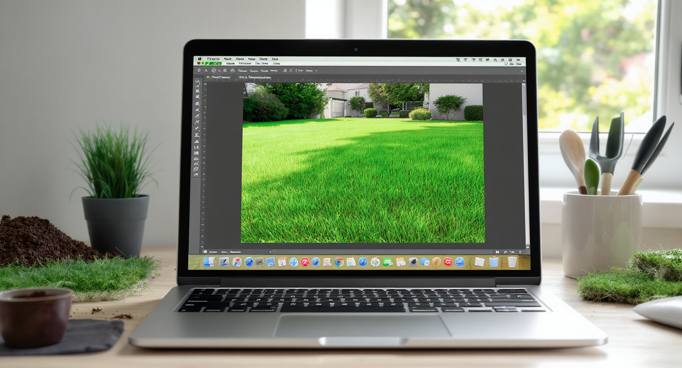 Laptop screen displaying photo of lawn with AI digitally replacing weeds with healthy green grass in a bright workspace.