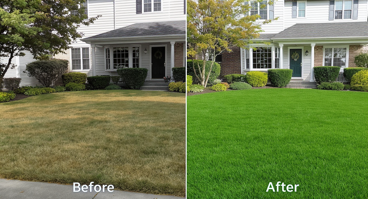 Side-by-side realistic photo comparison of front yard before and after AI lawn replacement, showing improved turf health.