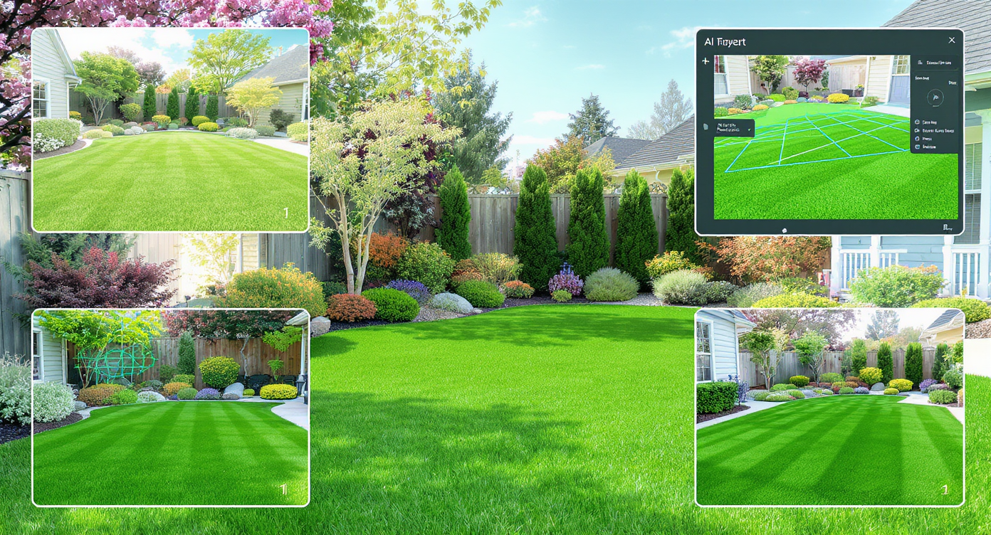 Step-by-step images showing photo selection, AI processing, previewing turf, and exporting final green lawn photo in natural daylight.
