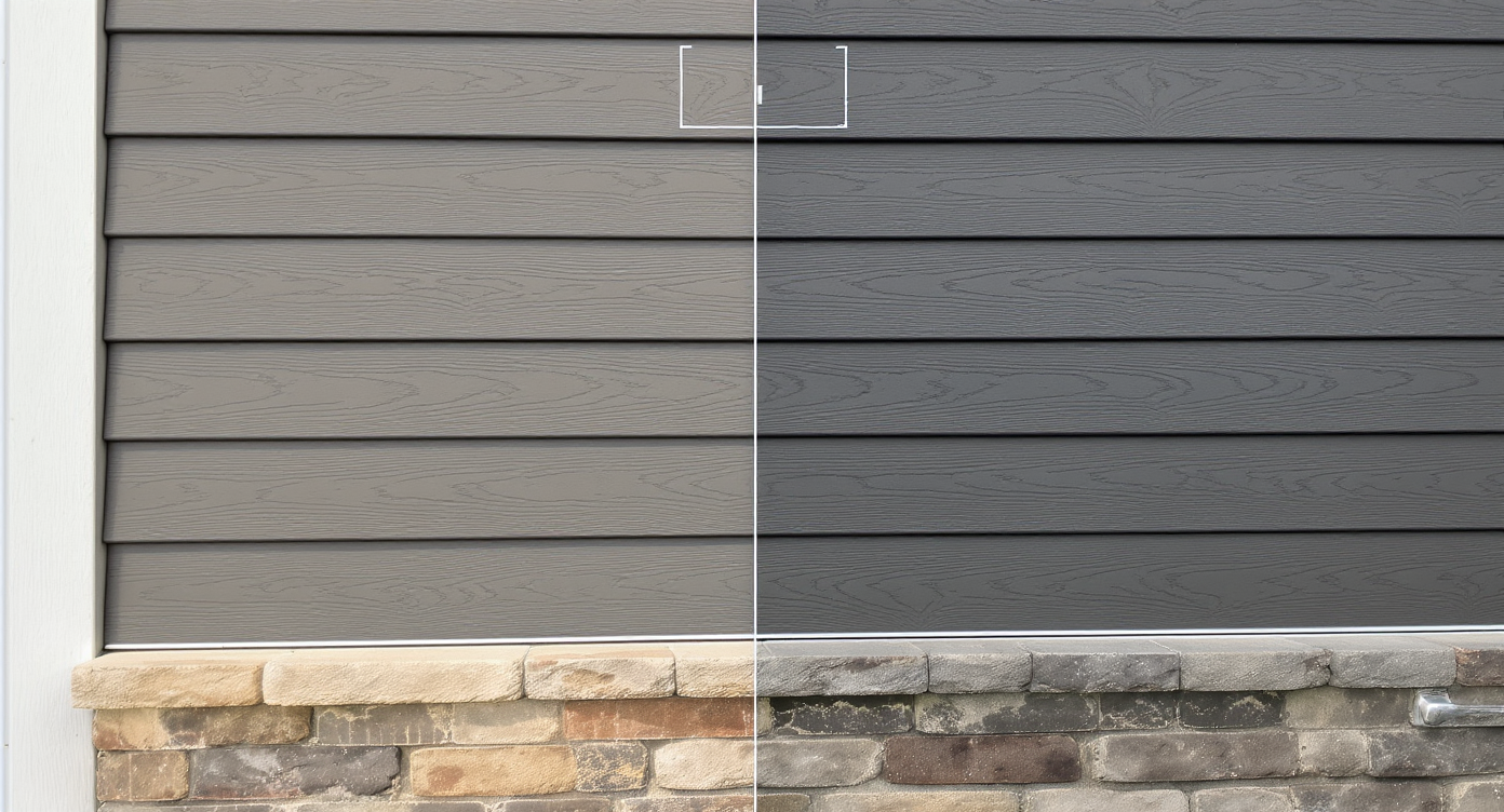 Close-up of house facade textures with wood siding, brick, and stone; outlines indicate AI exterior color restyling areas.