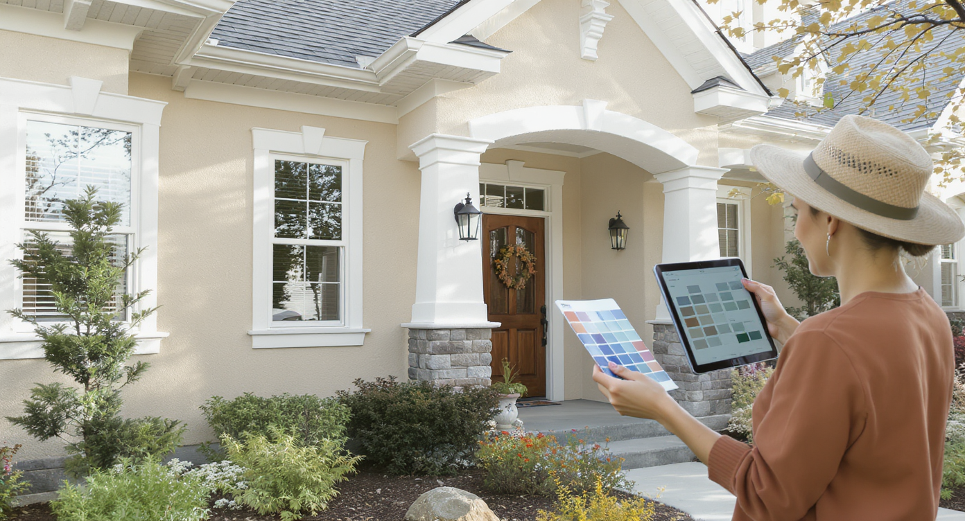 Home exterior with soft paint tones, stone accents, green landscaping; designer with color swatch and tablet consults for realistic results.