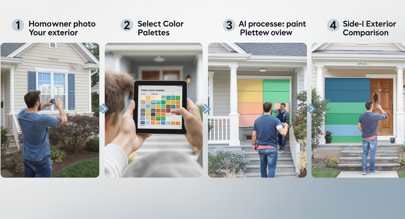 Sequence of steps: homeowner photographing facade, choosing palettes on tablet, AI generating previews, comparing paint options effectively.