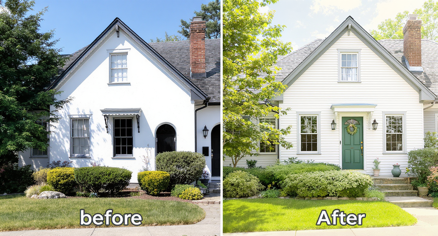 Split image of same house with harsh bright white and black trims left, softer warm white and gray trims right for inviting appearance.