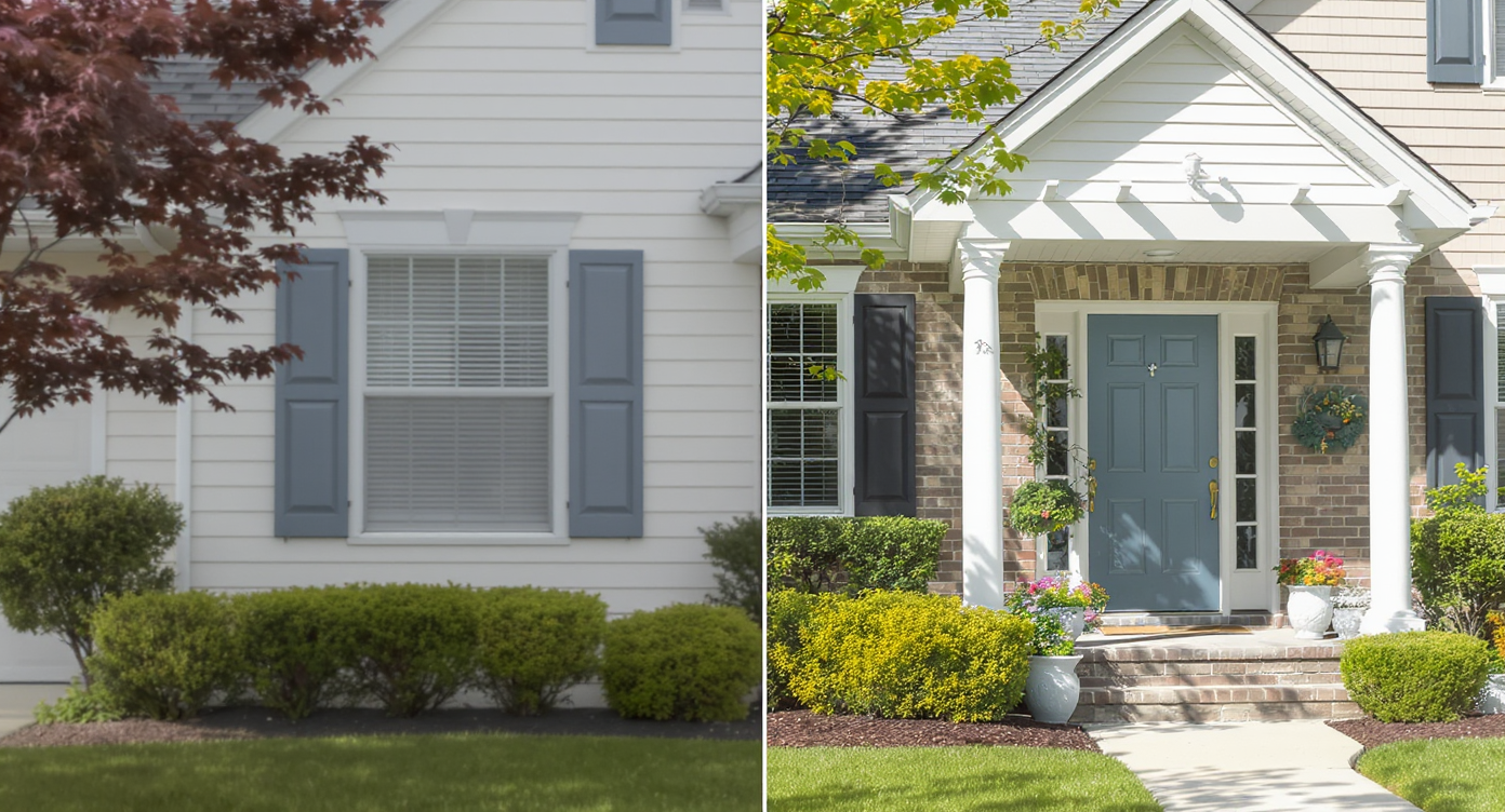 Split view of house facade showing plain side versus AI-rendered design options with shutters and pergola under daylight.
