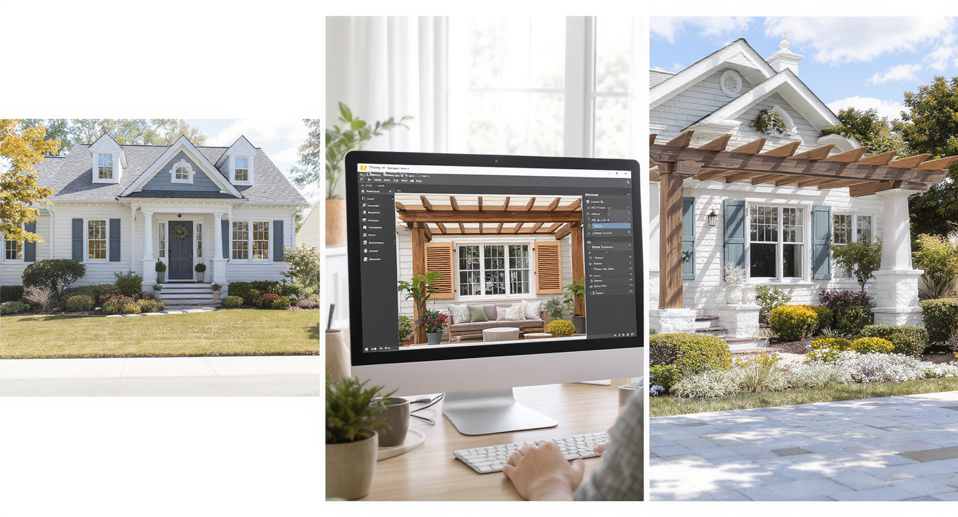 Sequence showing photographing house, uploading photo, and digitally previewing exterior design changes indoors and outdoors.