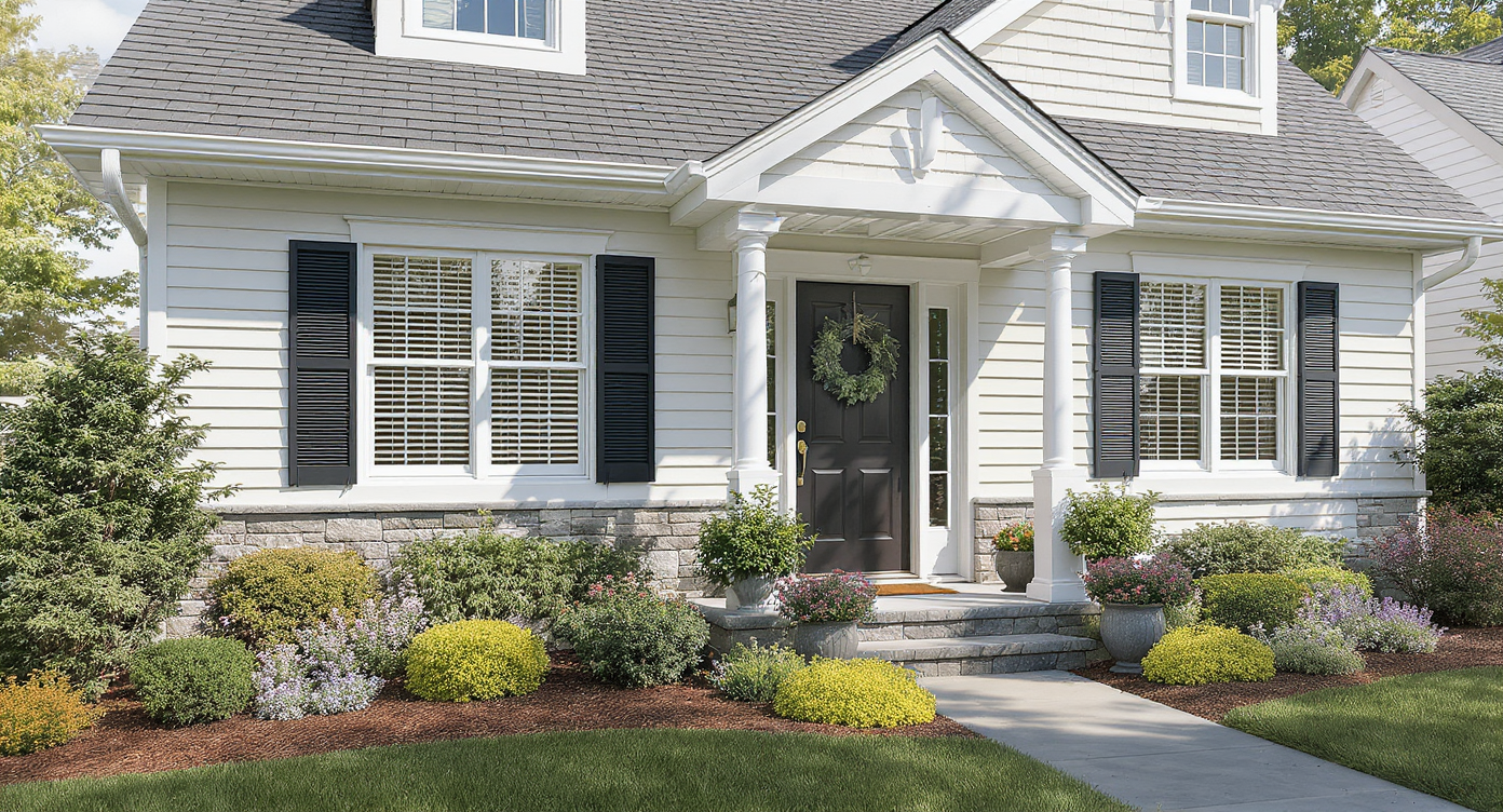 Digital preview of home with added shutters, pergola, and layered plants enhancing the facade in natural daylight.