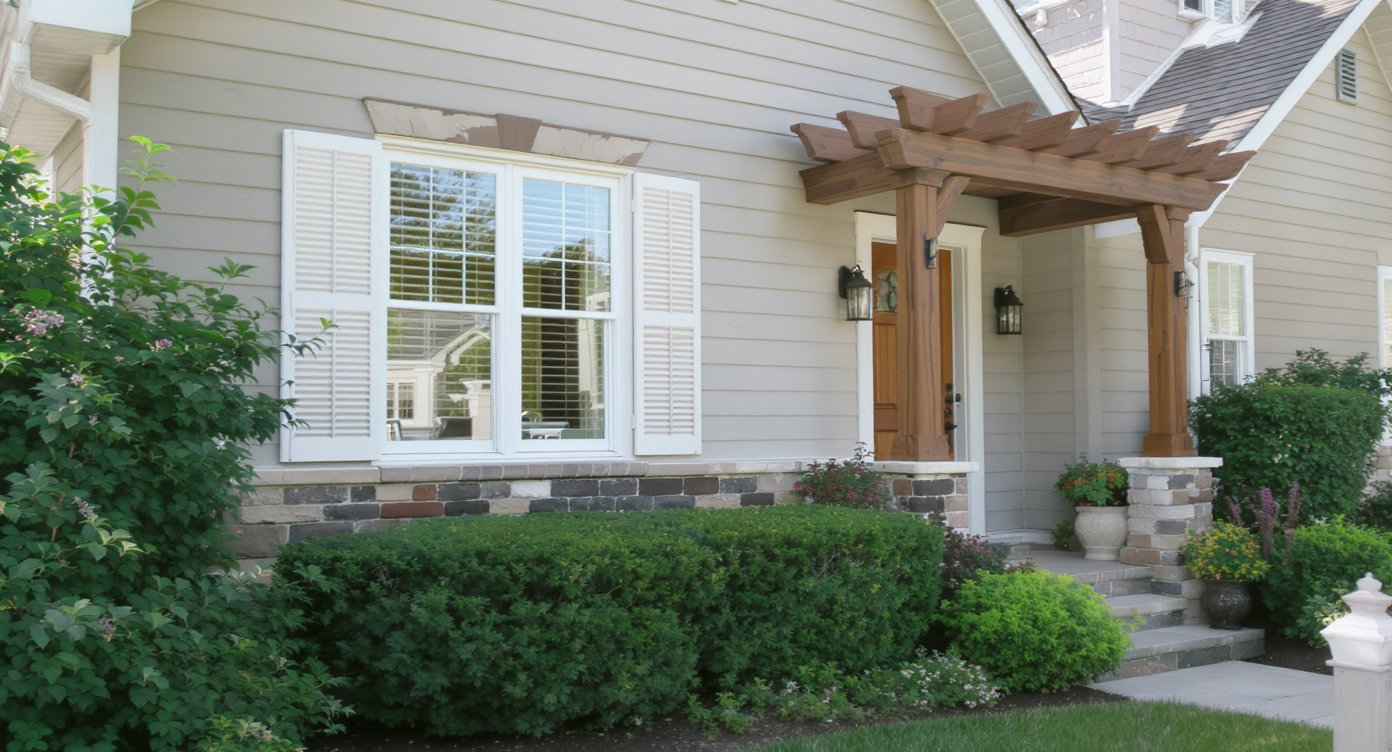 Home exterior with realistic shutters, wooden pergola, and lush layered planting in daylight with homeowner admiring.