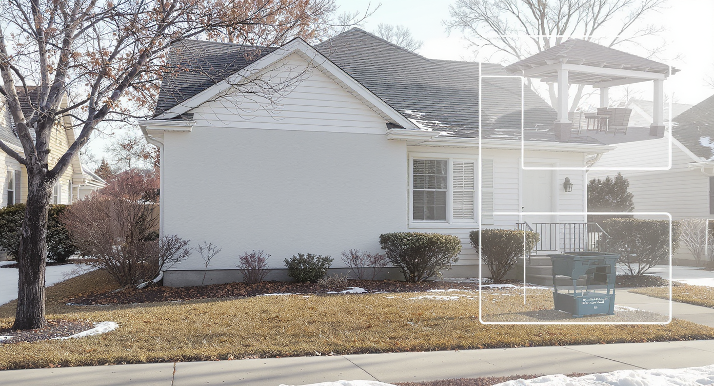 House exterior with off-center window and bland landscaping illustrating uneven visual balance in natural daylight.