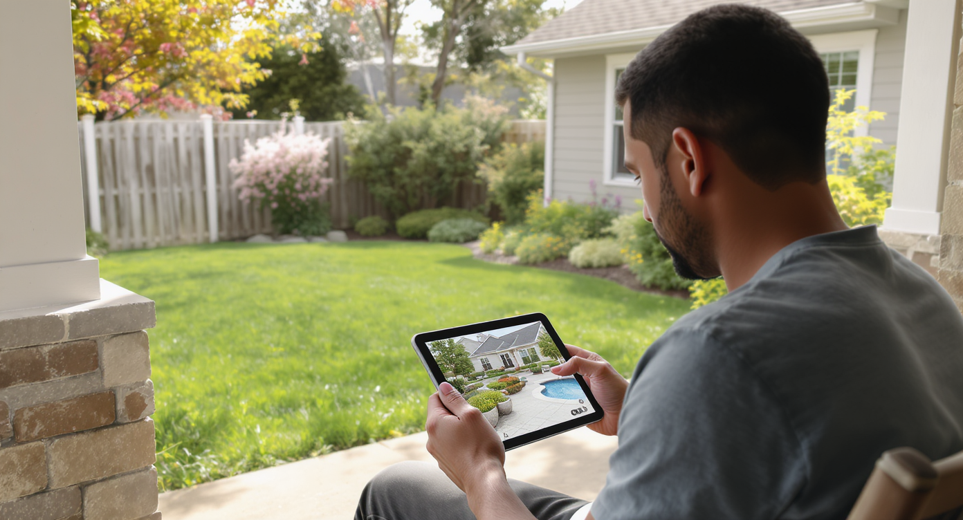 Homeowner viewing AI landscape designs on tablet on porch, with plain front yard in background in daylight.