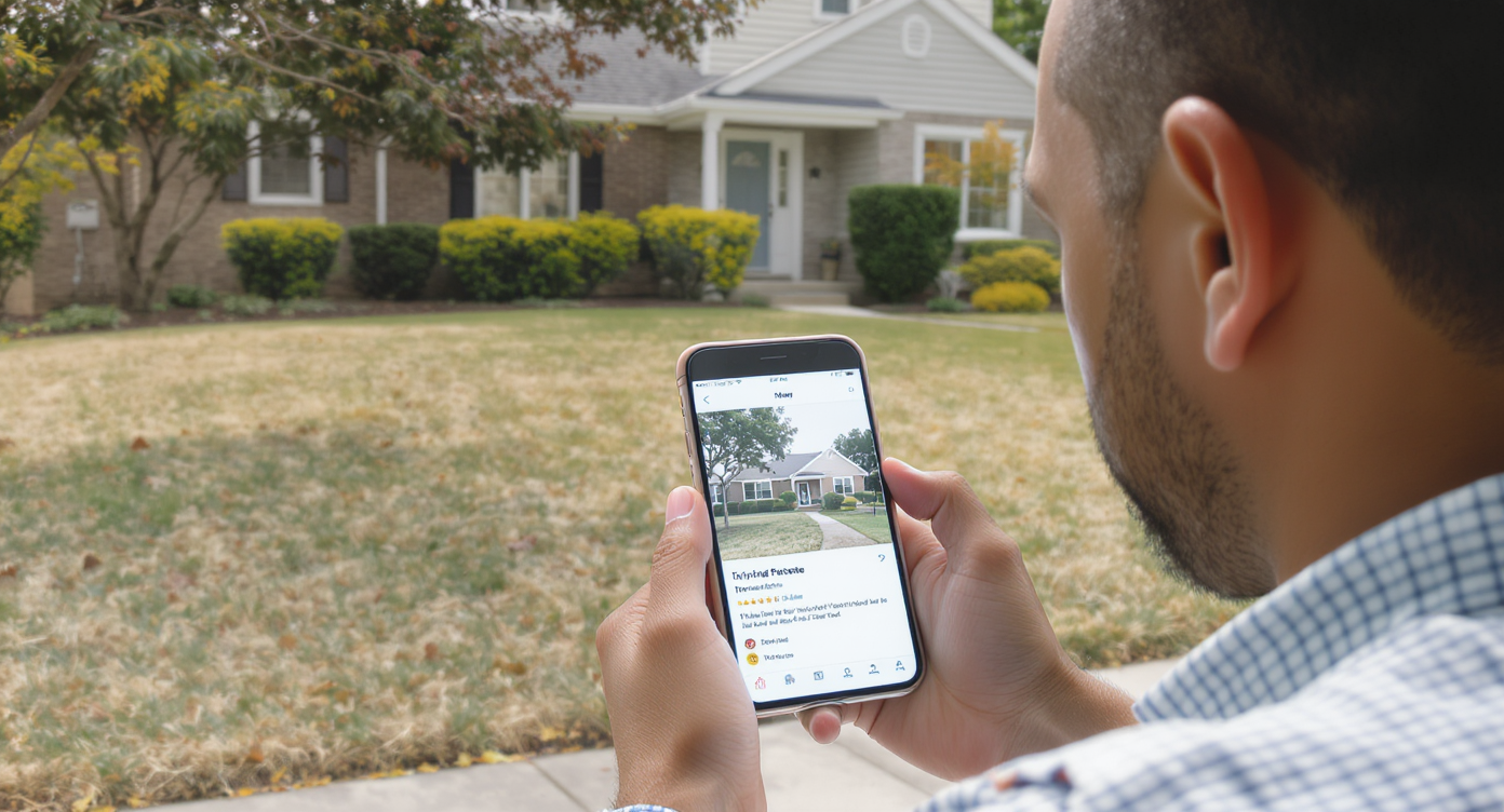Concerned homeowner comparing bland front yard to uninspiring real estate photo on smartphone outdoors.