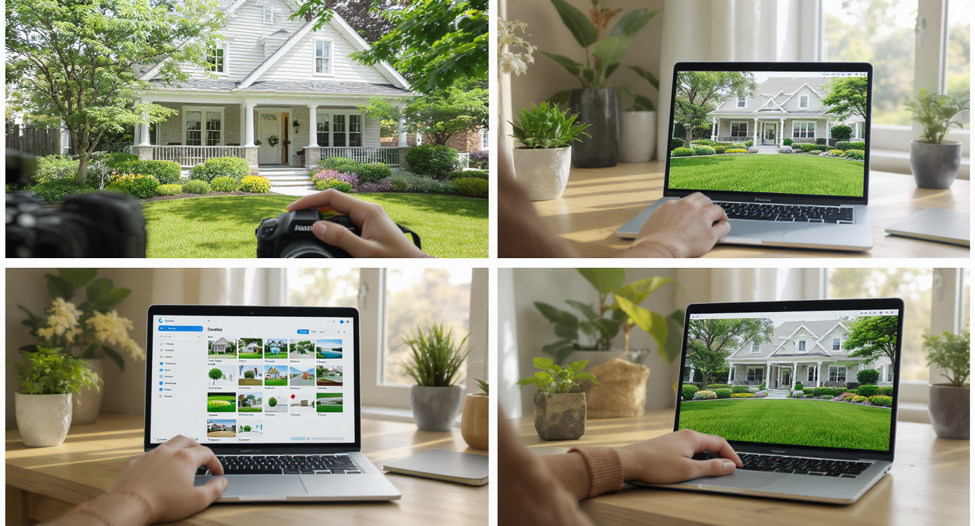 Collage of steps: capturing high-res home photo, uploading image to laptop, customizing landscape styles, viewing final renders.