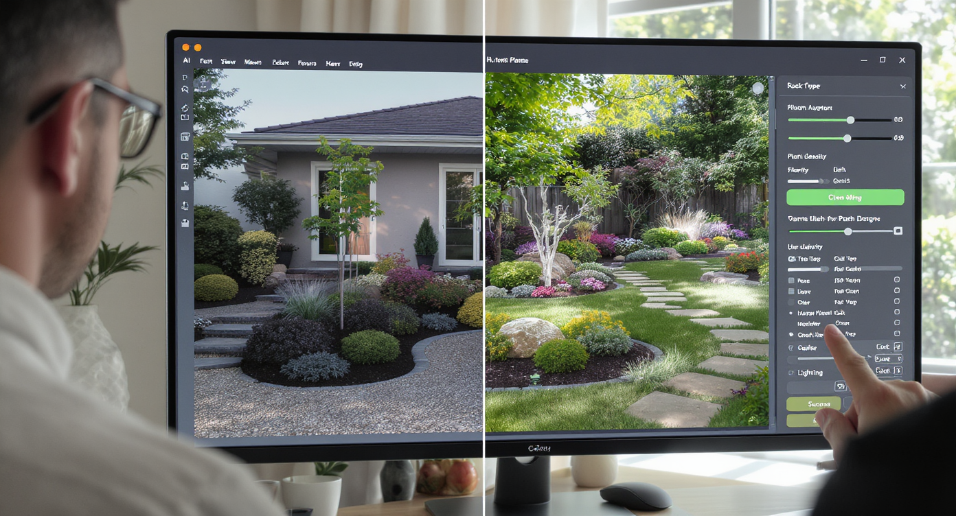 Person using AI software displaying original home photo and multiple photorealistic landscape designs with adjustable options.
