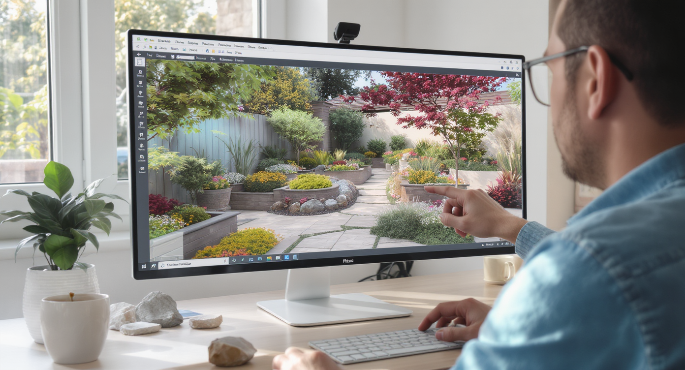 Designer pointing at large monitor displaying realistic AI landscape render with accurate scale and materials in bright office.