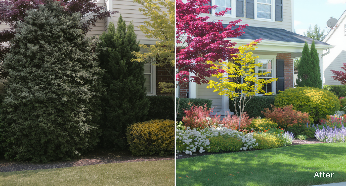 Split front yard showing overgrown, flat plants on one side and well-scaled, colorful layered landscaping on the other.
