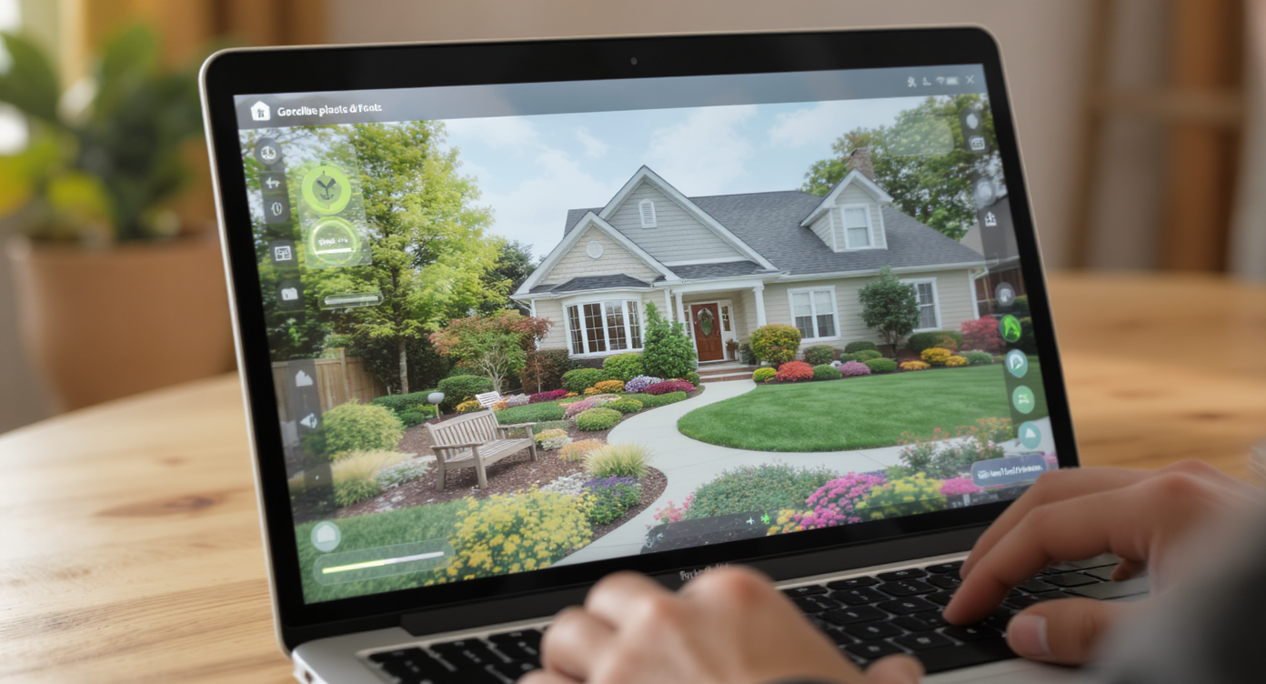 Person using a laptop displaying an AI photo landscaping design with plant and garden overlays on a home image.