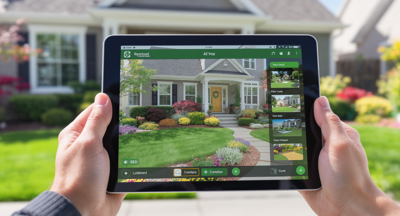 Tablet held outdoors displaying AI landscaping designs layering new plant beds on a home photo.