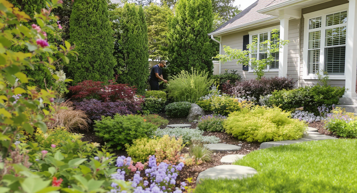 Bright front yard with layered plants in triangular composition and a person tending to mid-layer shrubs.
