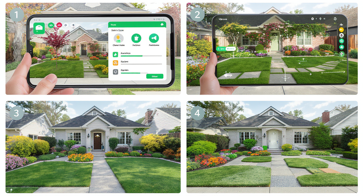 Four-step digital interface walkthrough showing photo upload, style choice, design generation, and refinement in AI landscaping.