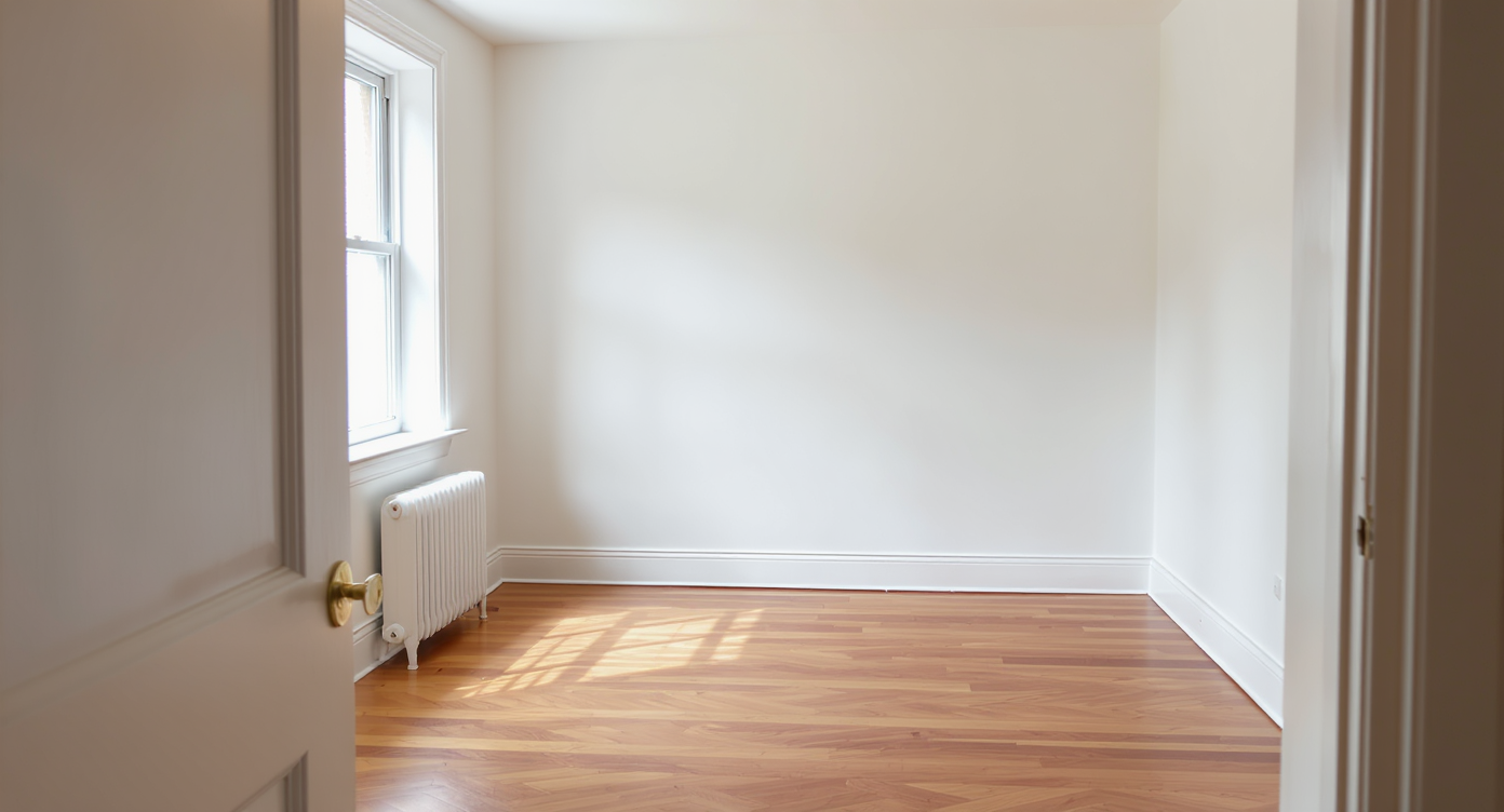 Empty small studio room with clear architectural features and polished wood floors lit by natural light.