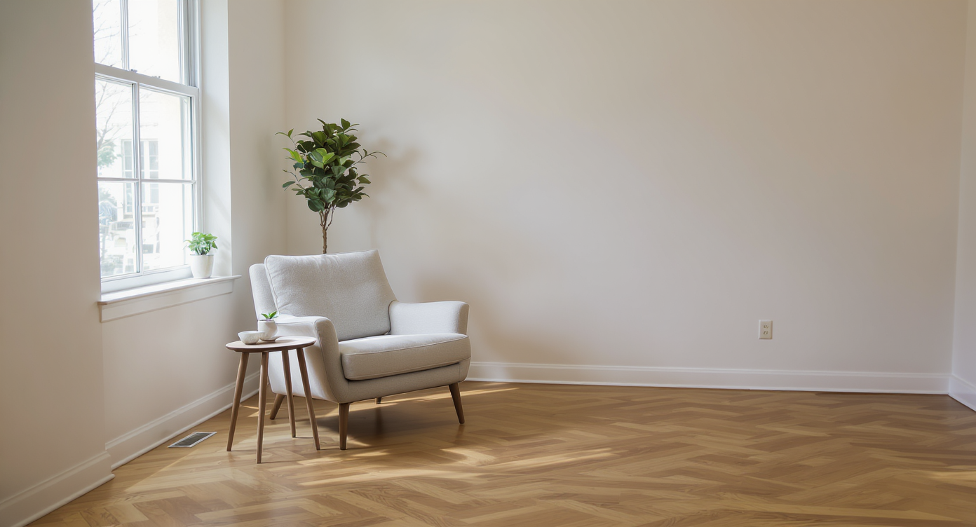 Minimal virtual staging in a bright, empty small living room with one chair, side table, and plants for realism.