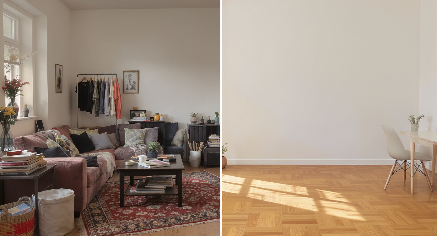 Split screen of small studio, left cluttered with furniture, right empty showing clear space highlighting room size.