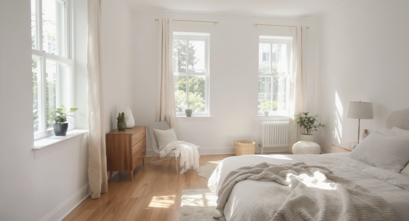 Owner photographing a bright, empty, well-lit bedroom with square angles and clear surfaces for best AI result.
