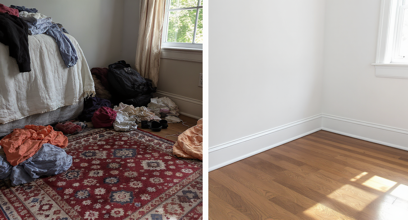 Messy bedroom corner with clutter obscuring floor and window, side by side with same corner cleared to show flooring and walls.