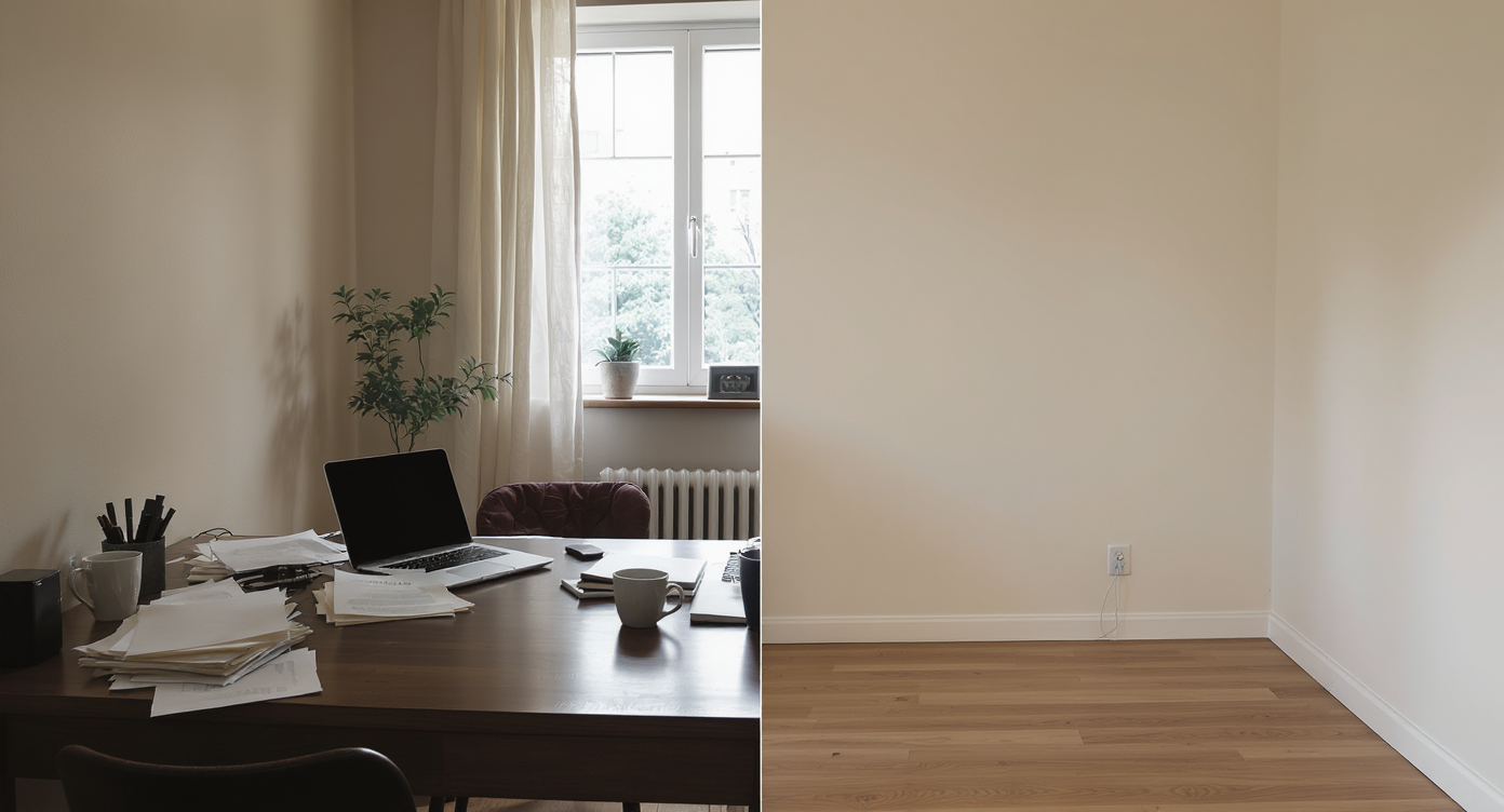 Home office partly cluttered with desk items, partly empty and clear space with natural daylight streaming in.