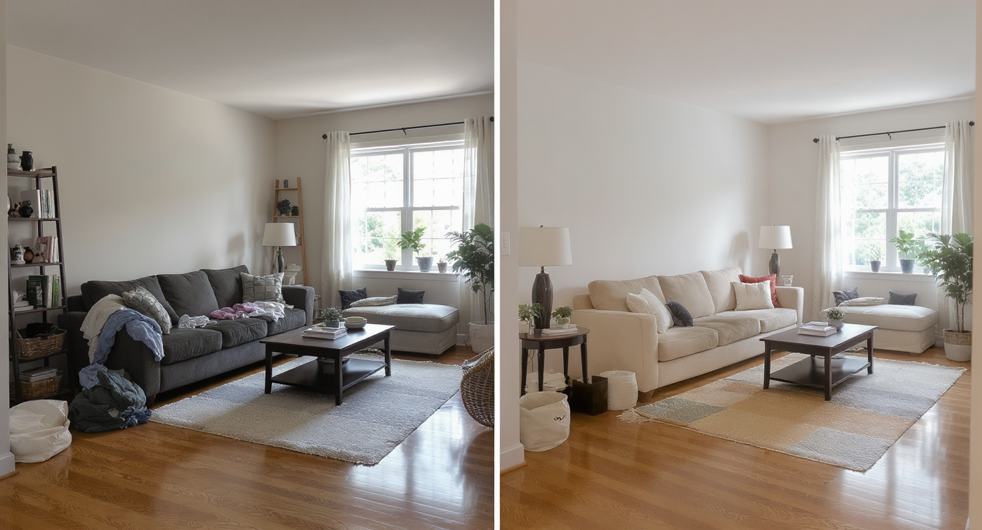 Living room photo showing furnished and cluttered space versus AI cleared vacant view with bare floors and walls in natural light.