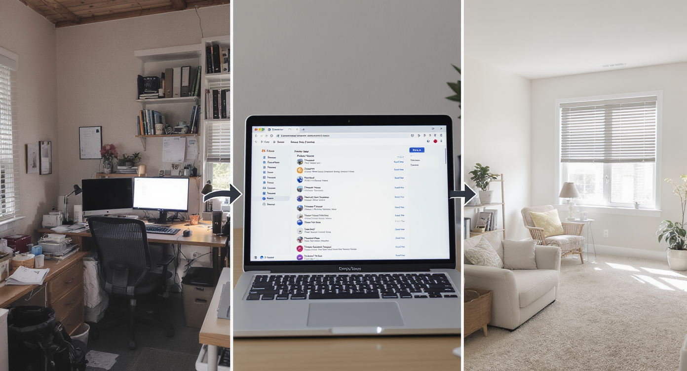 Series of images depicting a cluttered office, screenshot, upload to AI tool, and resulting emptied room with natural tones.