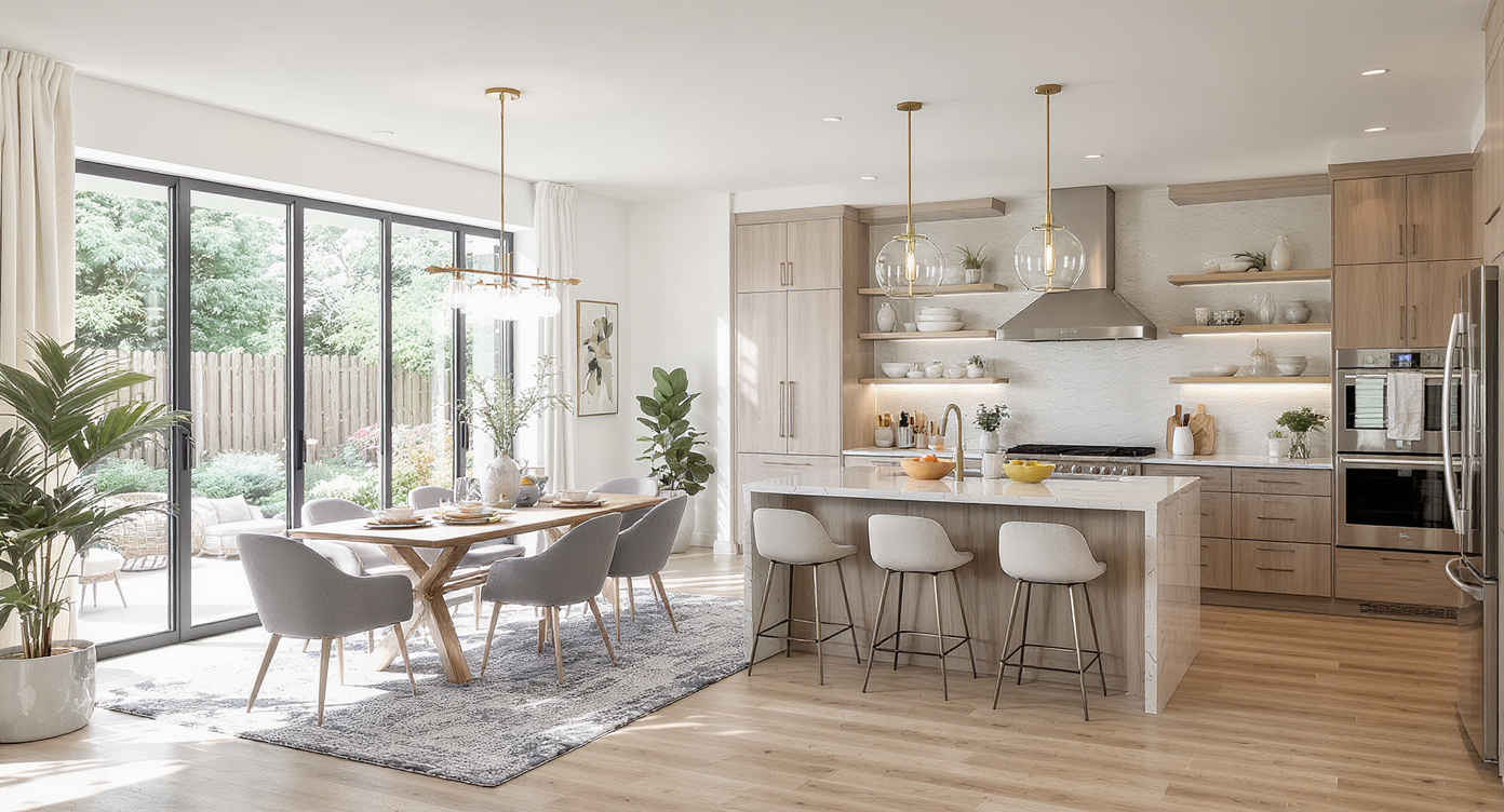 Stylish open-concept kitchen and dining area demonstrating the importance of expert guidance in property selection.