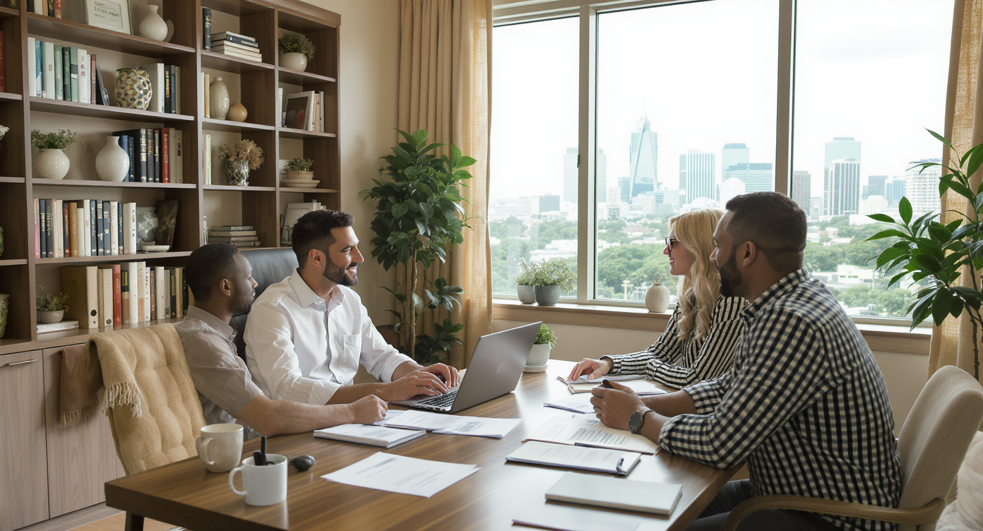 A realtor advising a couple on mortgage options in a cozy and professional office setting.