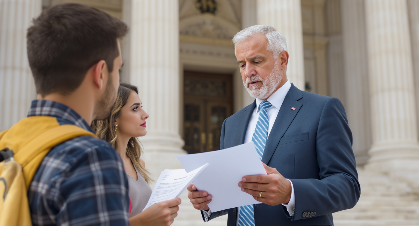A realtor discussing legal documents with clients outside a courthouse, highlighting the importance of legal knowledge.