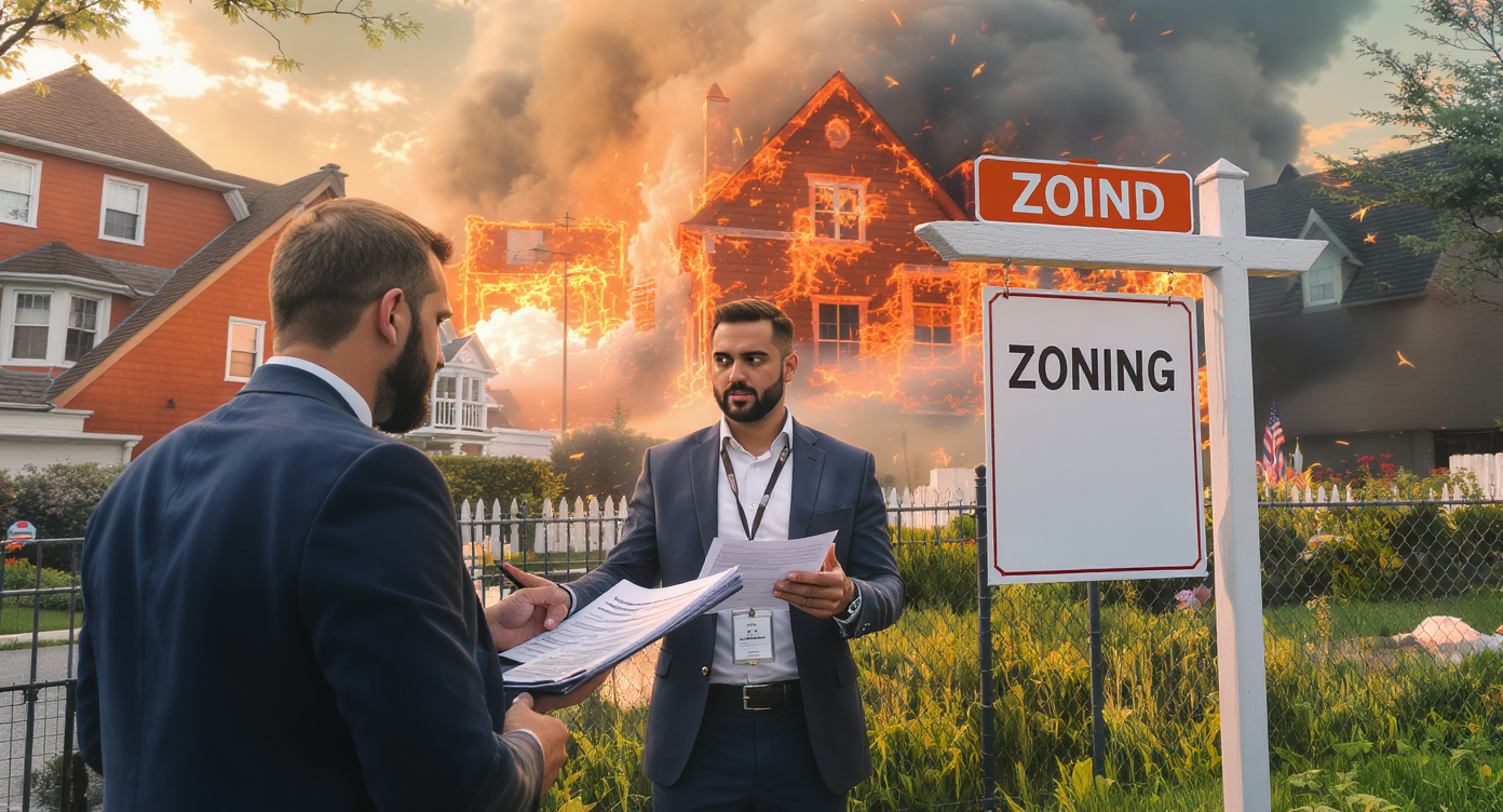 A realtor explaining zoning laws near a property, highlighting complexities in real estate transactions.