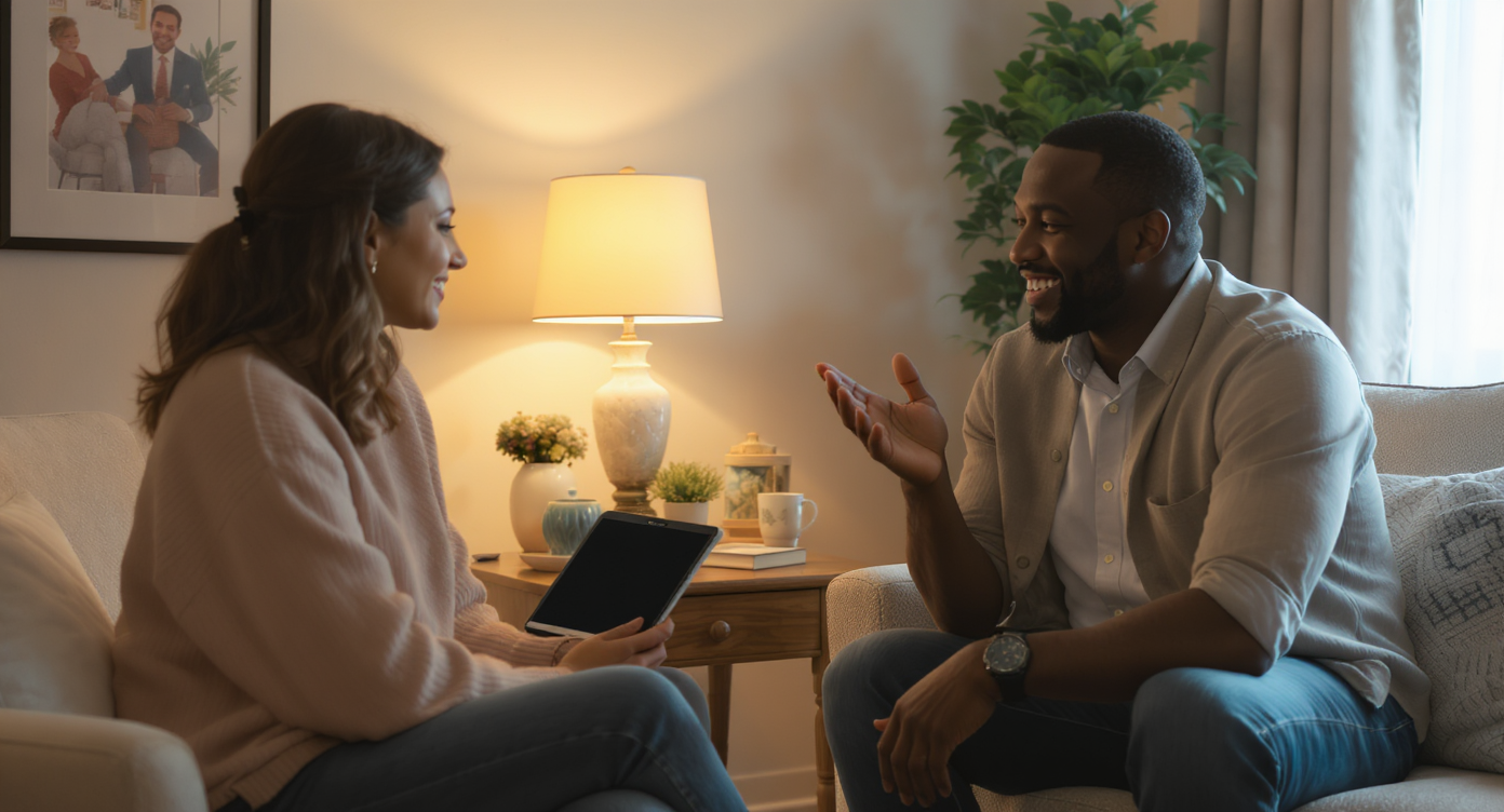 A realtor providing emotional support to a homebuyer in a warm and comforting setting, discussing expectations.