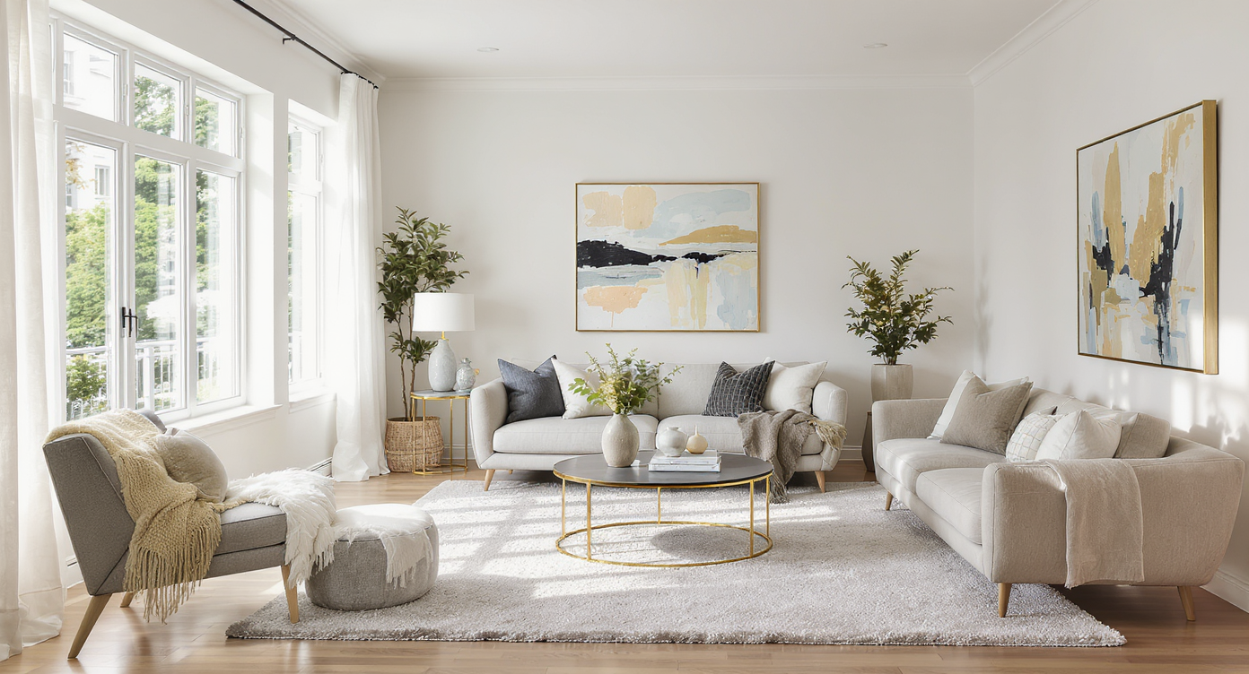 Bright modern living room with stylish furniture, large windows, and inviting decor, symbolizing the journey of real estate.