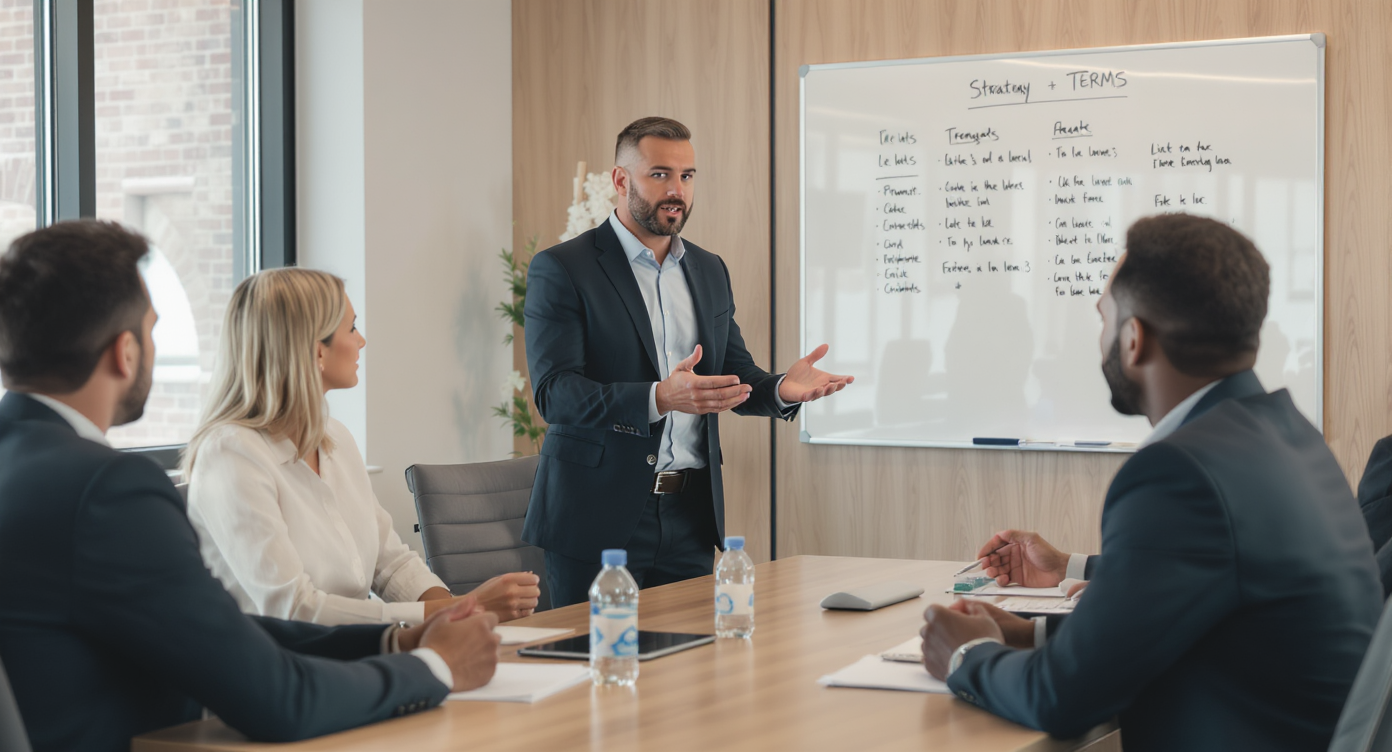 A realtor confidently negotiating with clients in a modern conference room, symbolizing strategy formation.