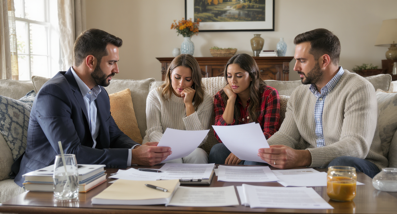 A realtor and homebuyers discussing property disclosures in a welcoming living room environment.
