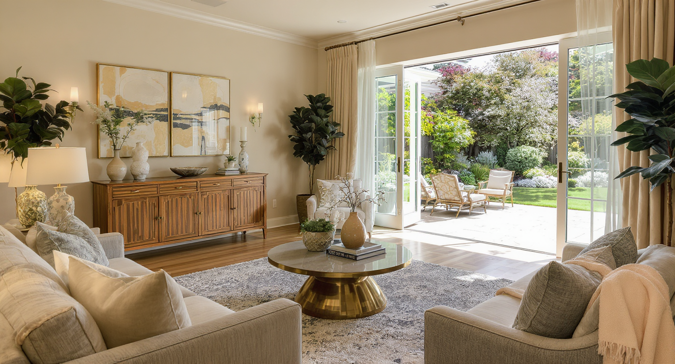 Welcoming living room with bright natural light and modern decor, connecting indoor and outdoor spaces.